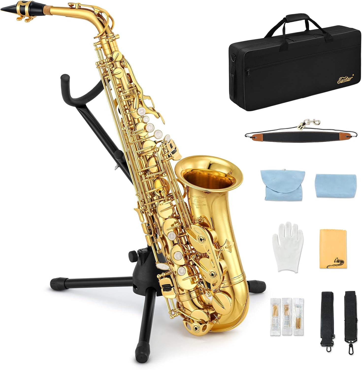 Eastar Student Alto Saxophone E Flat for Beginner Sax Full Kit with Carrying Case, Mouthpiece, Straps, Reeds, Stand, Golden Lacquer, AS-Ⅱ