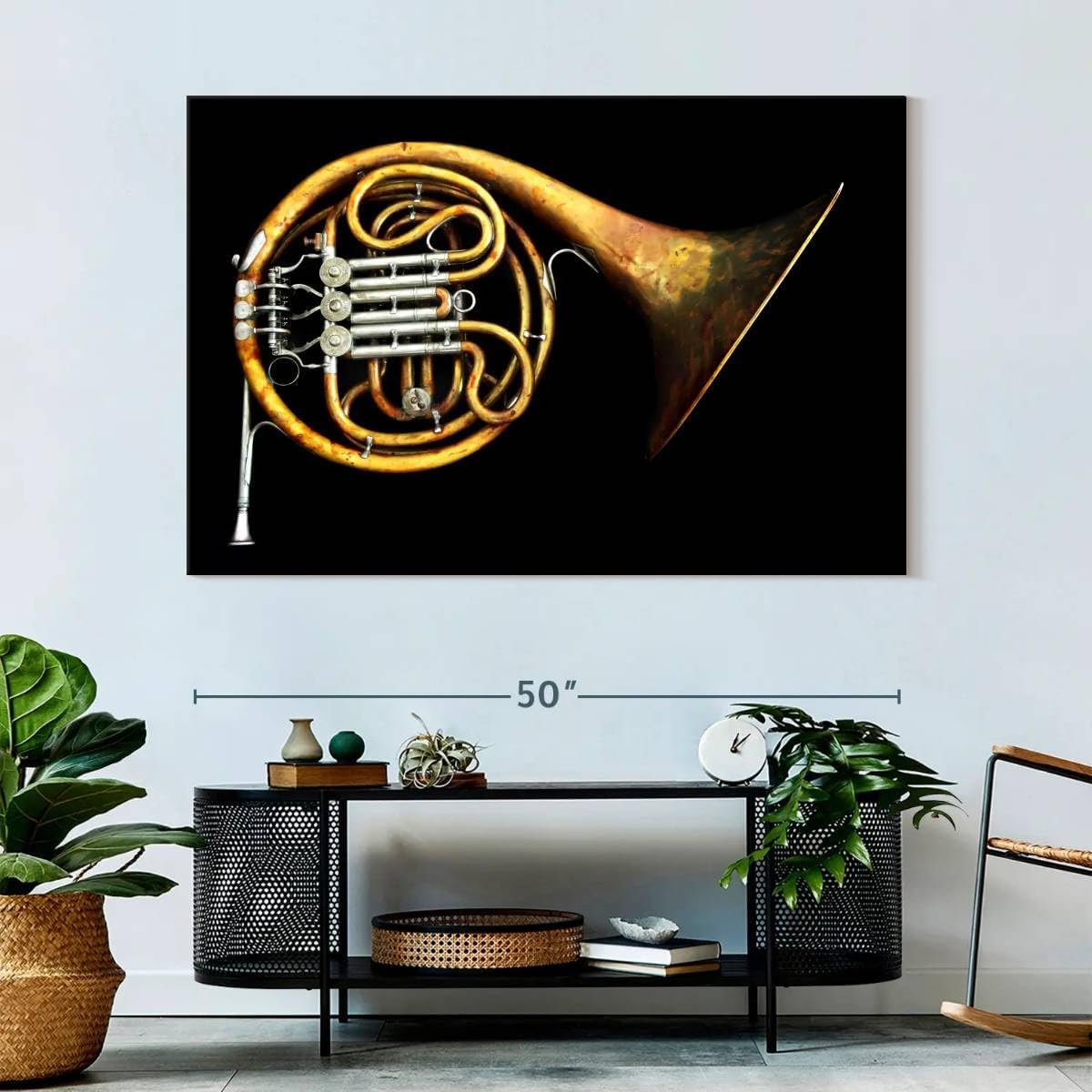 ElephantStock - Vintage French Horn Wall Art - Horizontal Canvas Wall Art - Living Room Wall Decor - Photography Music Canvas Art - Black And Gold Decor - 51