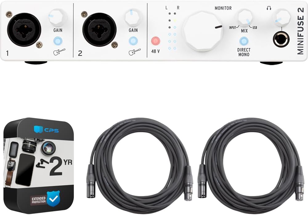 Arturia MiniFuse 2 Portable 2x Input USB-C MIDI Audio Interface, White 800112 Bundle with 2 YR CPS Enhanced Protection Pack and 2x OnStage 25ft XLR Cable