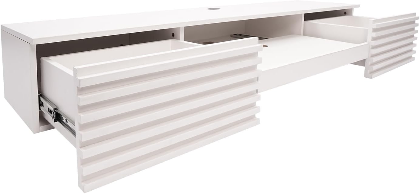 Floating Wall Mount Computer Desk Floating Shelf with 2 Drawer & Keyboard Tray Home Office Desk Workstation, Cable Hole, Laptop PC Table for Living Room, Bedroom, Office, White