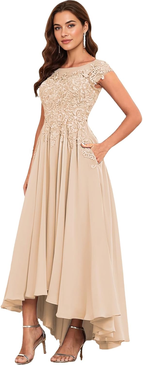 Lace Applique Chiffon Mother of The Bride Dresses for Wedding - Tea Length Formal Evening Gown for Women