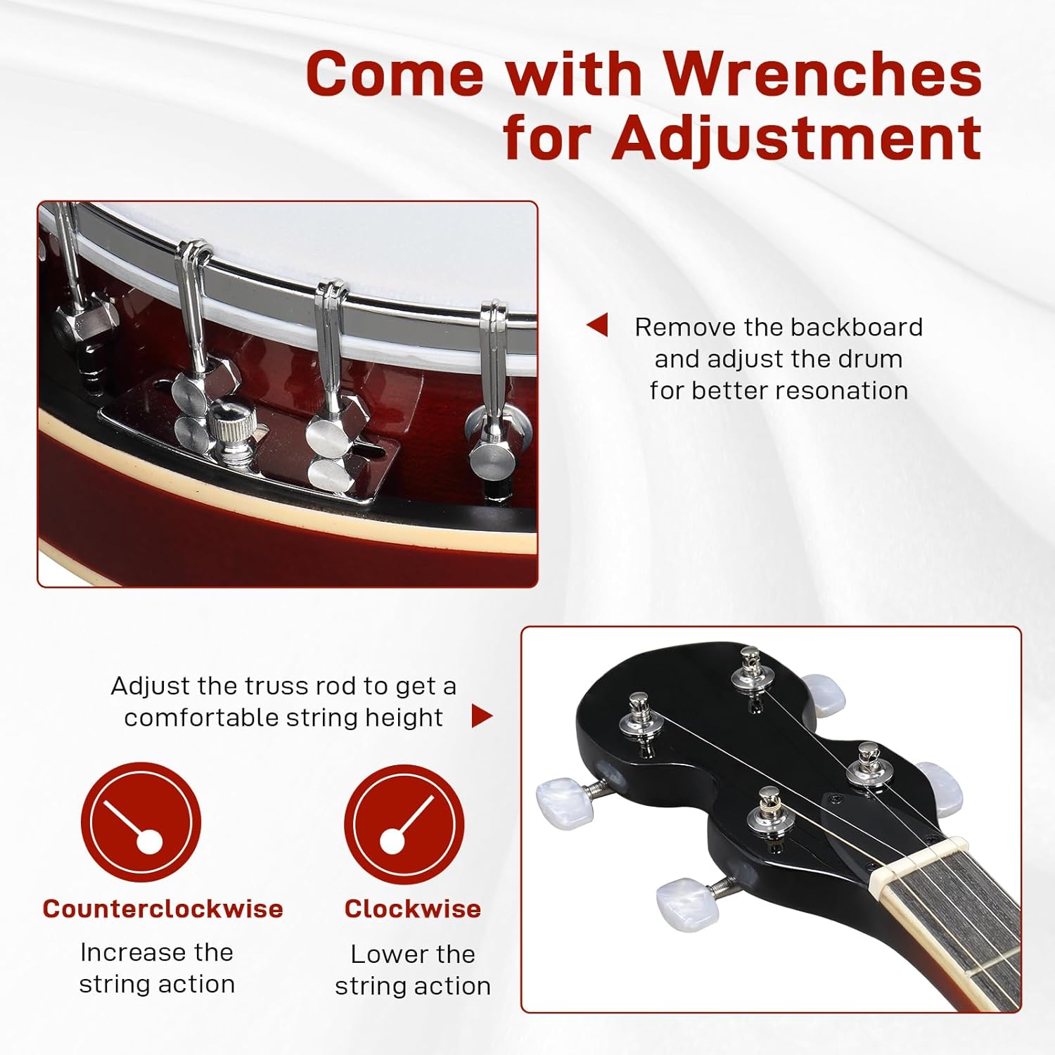 Full Size 5 String Right Handed Banjos Set with Closed Solid Sapele Back & Premium Mahogany Neck and Premium Accessories