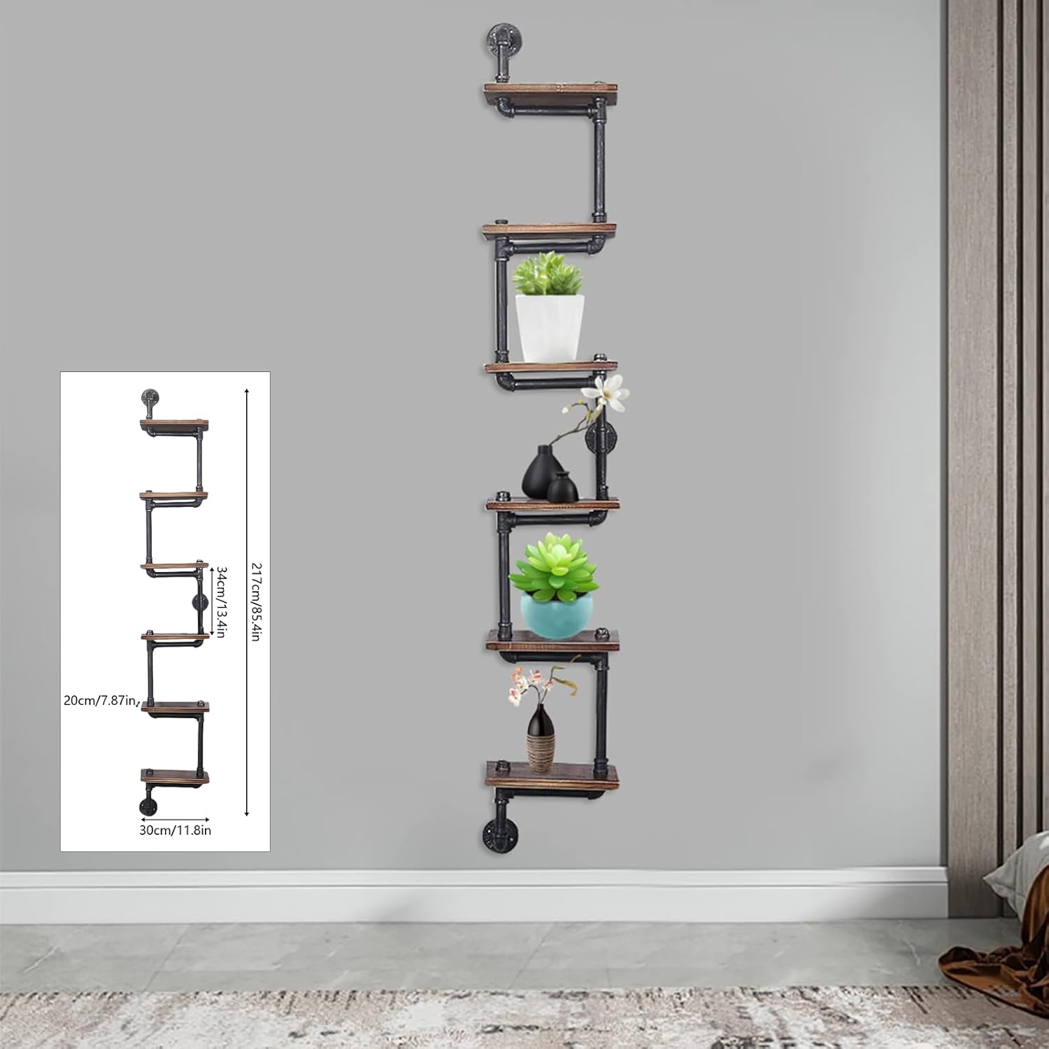 6-Tier Industrial Wall Mount Pipe Shelving, Floating Shelves, Wood Ladder Bookshelf, for Living Room, Bedroom, Bathroom, Farmhouse