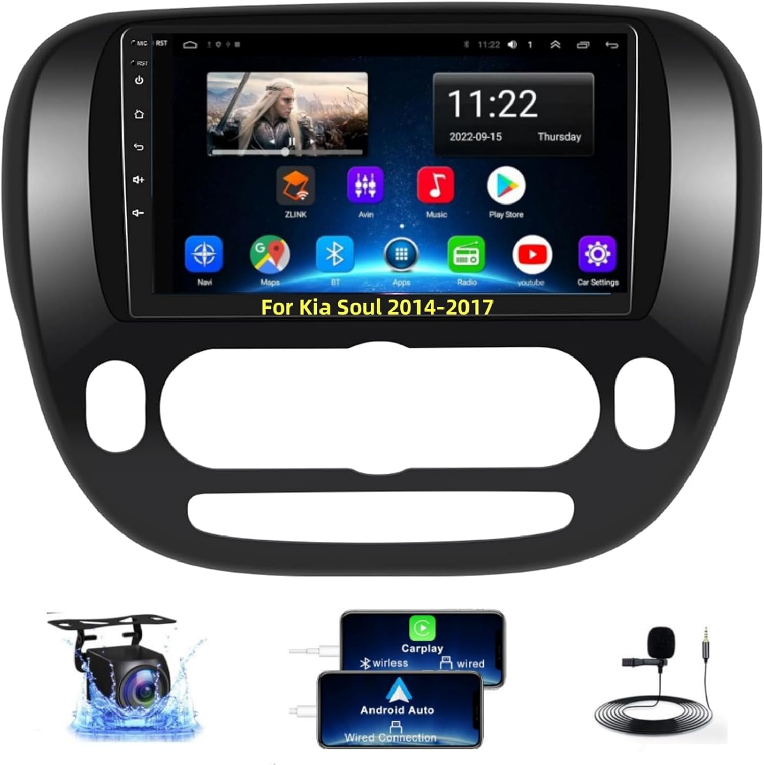 【4+64】 Android Car Radio for Kia Soul 2014 2015 2016 2017, 9'' IPS Touchscreen Stereo with Wireless Carplay&Android Auto, GPS/WiFi/Bluetooth 5.2/ SWC/AHD Backup Camera/HiFi/FM/MIC/RCA/Split Screen