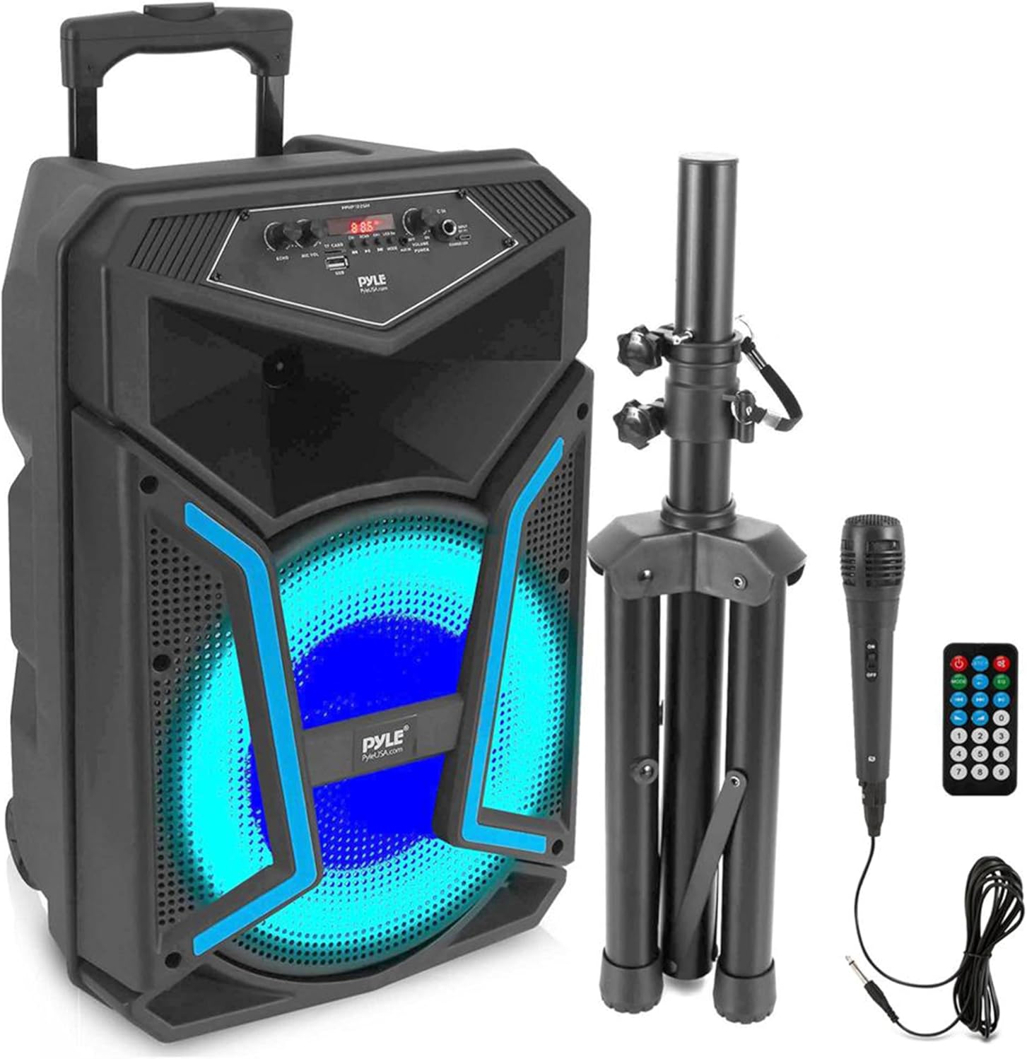 Pyle Portable Bluetooth PA Speaker System - 1200W Outdoor Bluetooth Speaker Portable PA System w/Microphone in, Party Lights, MP3/USB SD Card Reader FM Radio, Rolling Wheels - Mic, Remote