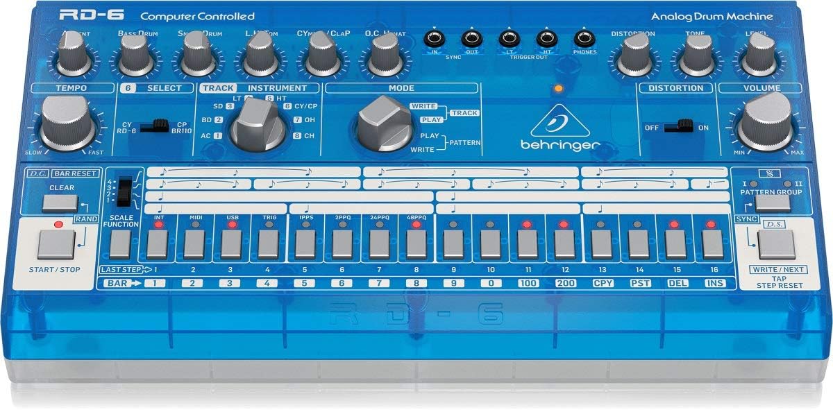 Behringer RHYTHM DESIGNER RD-6-BB Analog Drum Machine with 8 Drum Sounds, 64 Step Sequencer and Distortion Effects