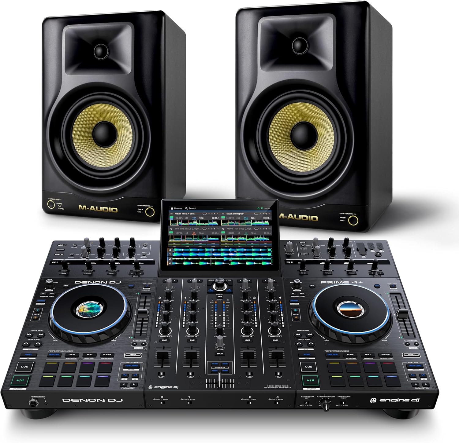 Denon DJ PRIME 4+ DJ Controller and M-AUDIO Forty Eighty Studio Monitors Pair for Live Music, DJ sets, Events, Music production