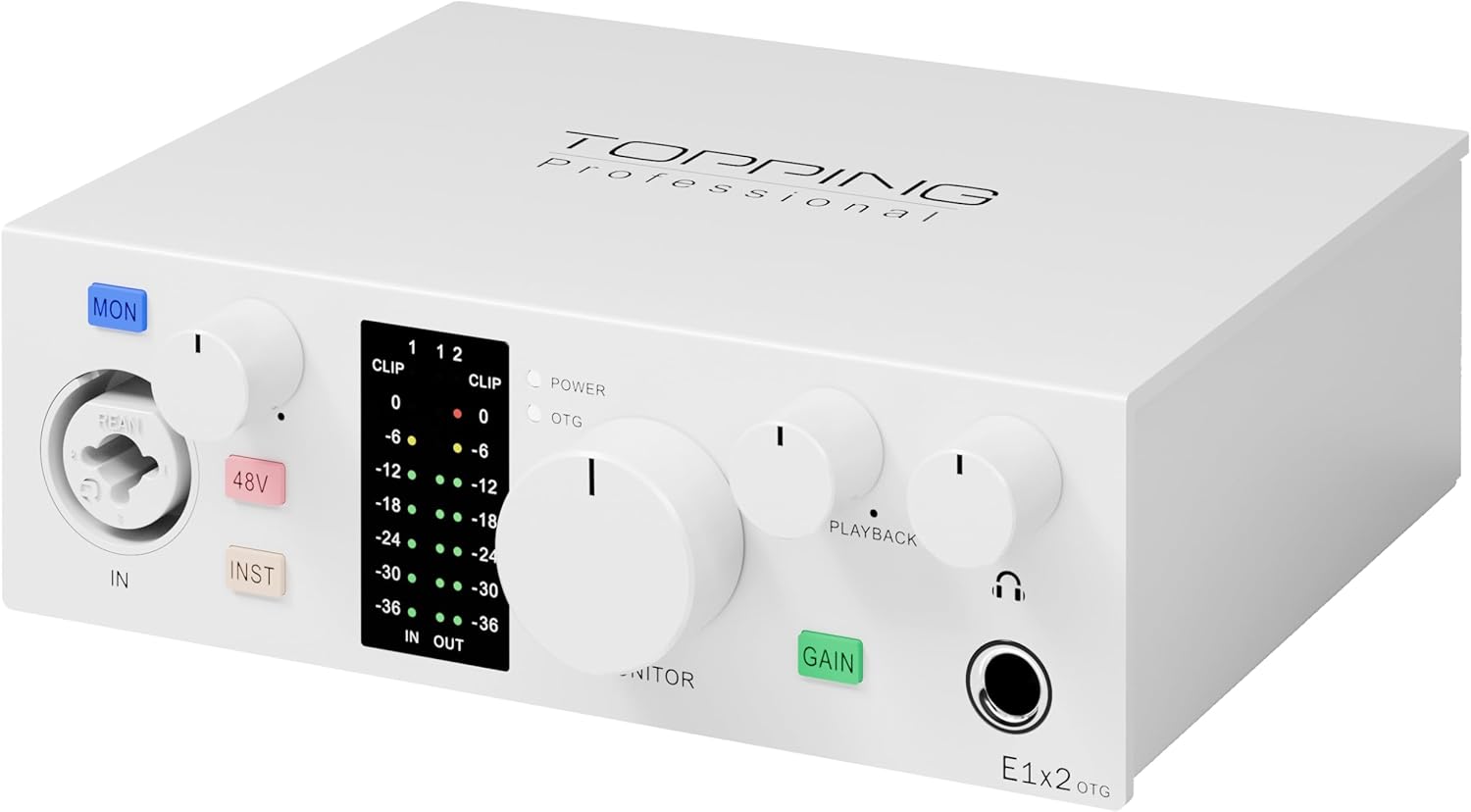 TOPPING E1X2 OTG USB Audio Interface | XLR Mic Preamp, 48V Phantom Power, 24bit/192kHz, 8 DAW/6 Loopback Channels, PC & Mobile Recording, Dual Livestream, Zero-Latency Mixer, High-Res Playback(White)