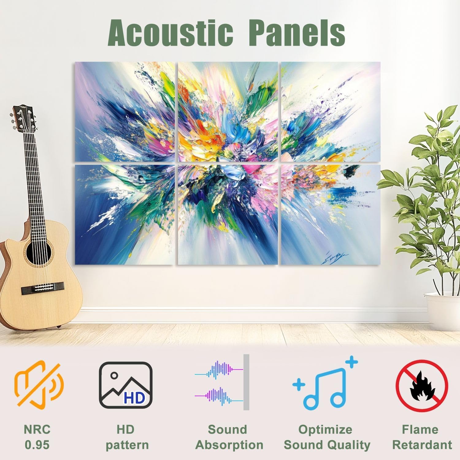 6 Pack Art Acoustic Panels Sound Absorbing Colorful Abstract Flower Textured Strokes Blended Hues Energy Burst Decorative Soundproof Wall Panels Self Adhesive for Recording Studios Office 72