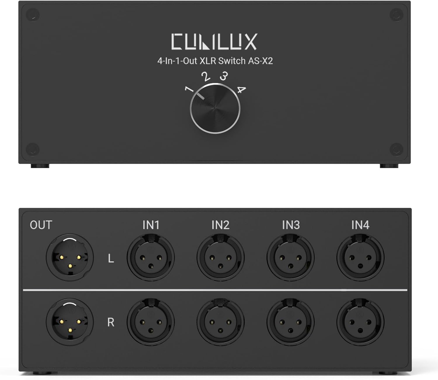 Cubilux AS-X2 4-In-1-Out Stereo XLR Selector, Passive Balanced XLR Line-in Audio Switcher, Microphone Switch Box – Full Aluminum Alloy Case, Support Phantom Power Passes Through