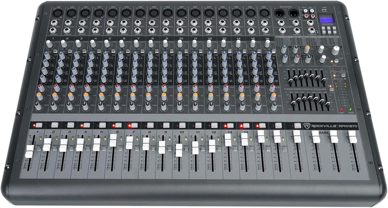 Rockville RPM1870 6000W Powered Mixer 18-Channel, USB/Bluetooth, 18 XDR2 Mic Preamps, 24-Bit Effects, Dual 7-Band EQ, for Live Sound and Events