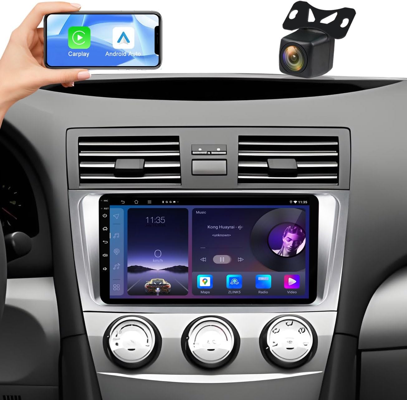 4+64G Android 13 Car Radio for Toyota Camry 2007 2008 2009 2010 2011, 9'' QLED Touch Screen Car Stereo with Carplay Android Auto, AHD 1080P Backup Camera, GPS, Bluetooth 5.4, FM/RDS Radio, SWC