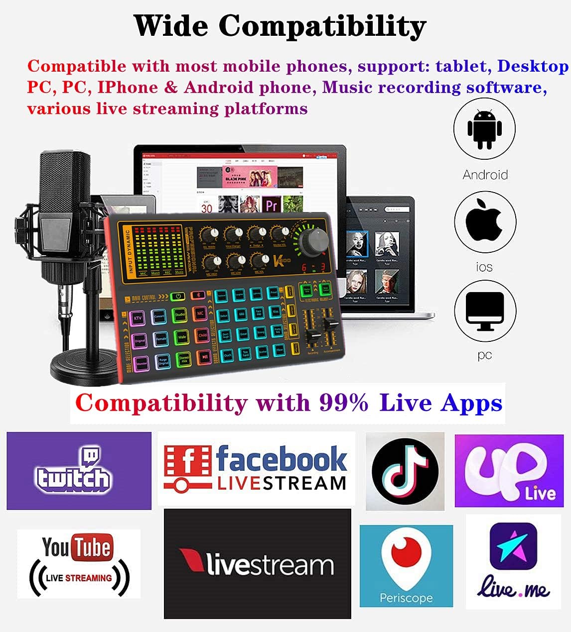 K300 Podcast Equipment Bundle, With Podcast Condenser Microphone, Voice Changer Sound Card with Multiple Sound Effects and LED Light, Prefect for Streaming/Podcasting/Gaming/Recording/YouTube/PC