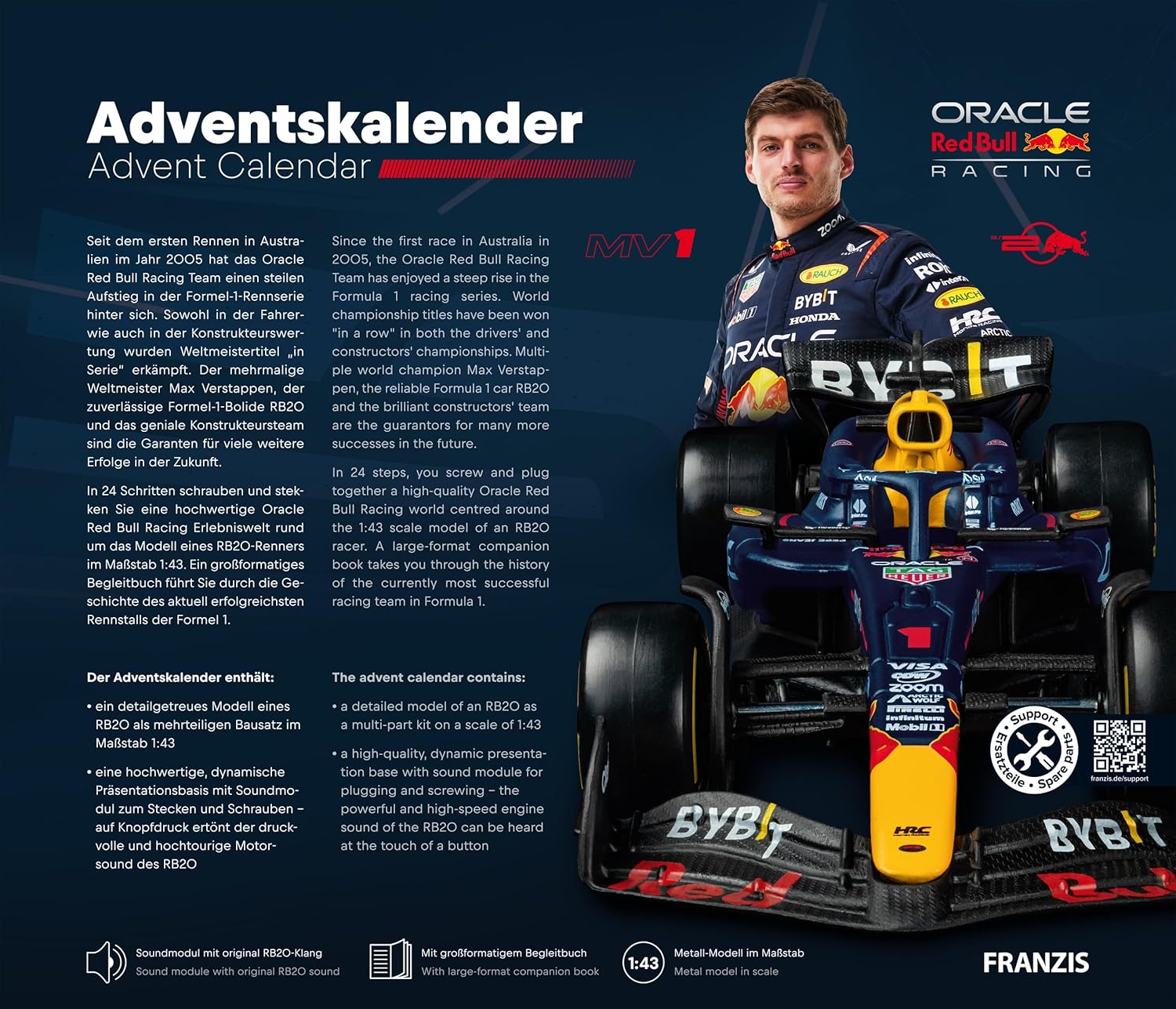 FRANZIS 67245 Oracle Red Bull Racing Advent Calendar 2025 Model Kit 1:43 Scale Includes Sound Module and 52 Page Accompaniment Book