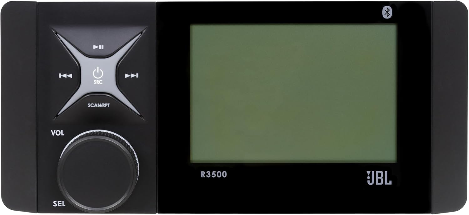 JBL R3500 Wake Series Source Unit - 4 X 55W Peak @ 4ohm Reciever with Bluetooth (5.0), AM/FM/WB, USB Input/Aux Input/Pre-Outs (L&R), Backlit Rotary Encoder, Rear amp Plug, IPX7 (Face), IPX3 (Rear)