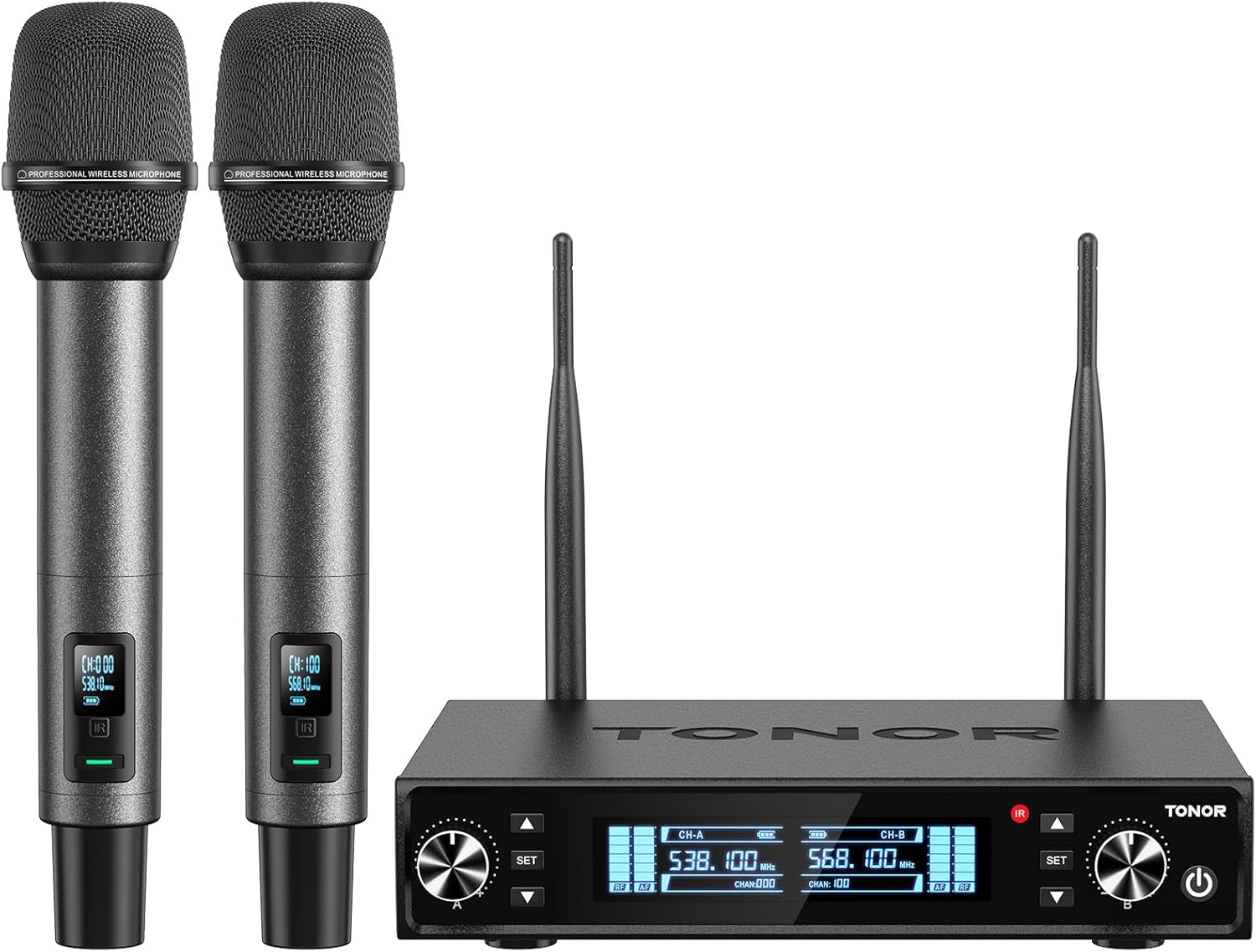 TONOR Wireless Microphone System, Auto Scan & Pair UHF Rechargeable Karaoke Mic, 2x100 Professional Dynamic Cordless Mic for Singing Church Wedding DJ with Adjustable Volume, Quick Mute 262ft TW550
