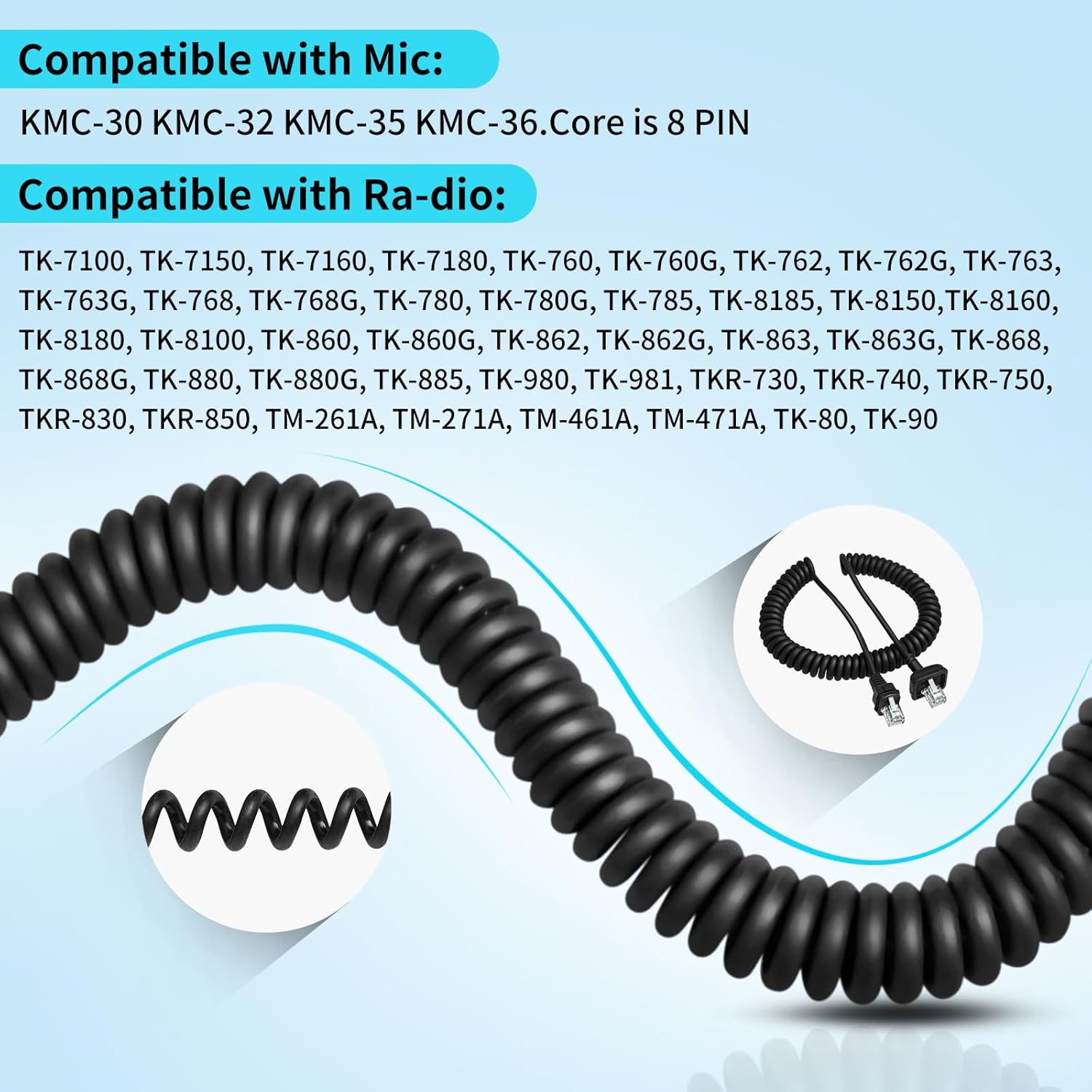 10-Pack RJ-45 8 Pin to 8 Pin KMC-30 KMC-32 Microphone Mic Cable Cord Wire for Kenwood KMC-35 TK-7100 TK-760 TK-768 TK-762G TK-780G M-261A TM-271A Radi Handheld Microphone