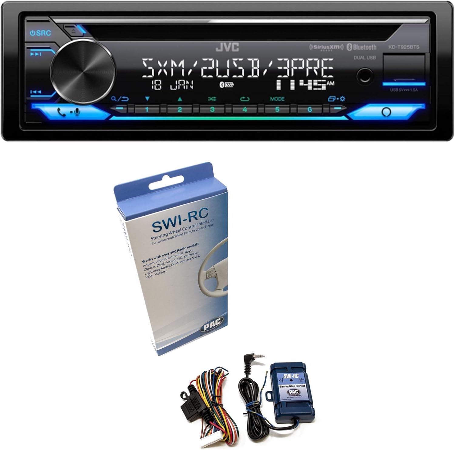 JVC KD-T925BTS CD Receiver Featuring Bluetooth®, Front & Rear Dual USB, Sirius XM, Amazon Alexa, 13-Band EQ, Variable-Color Illumination, with PAC SWI-RC Steering Wheel Interface