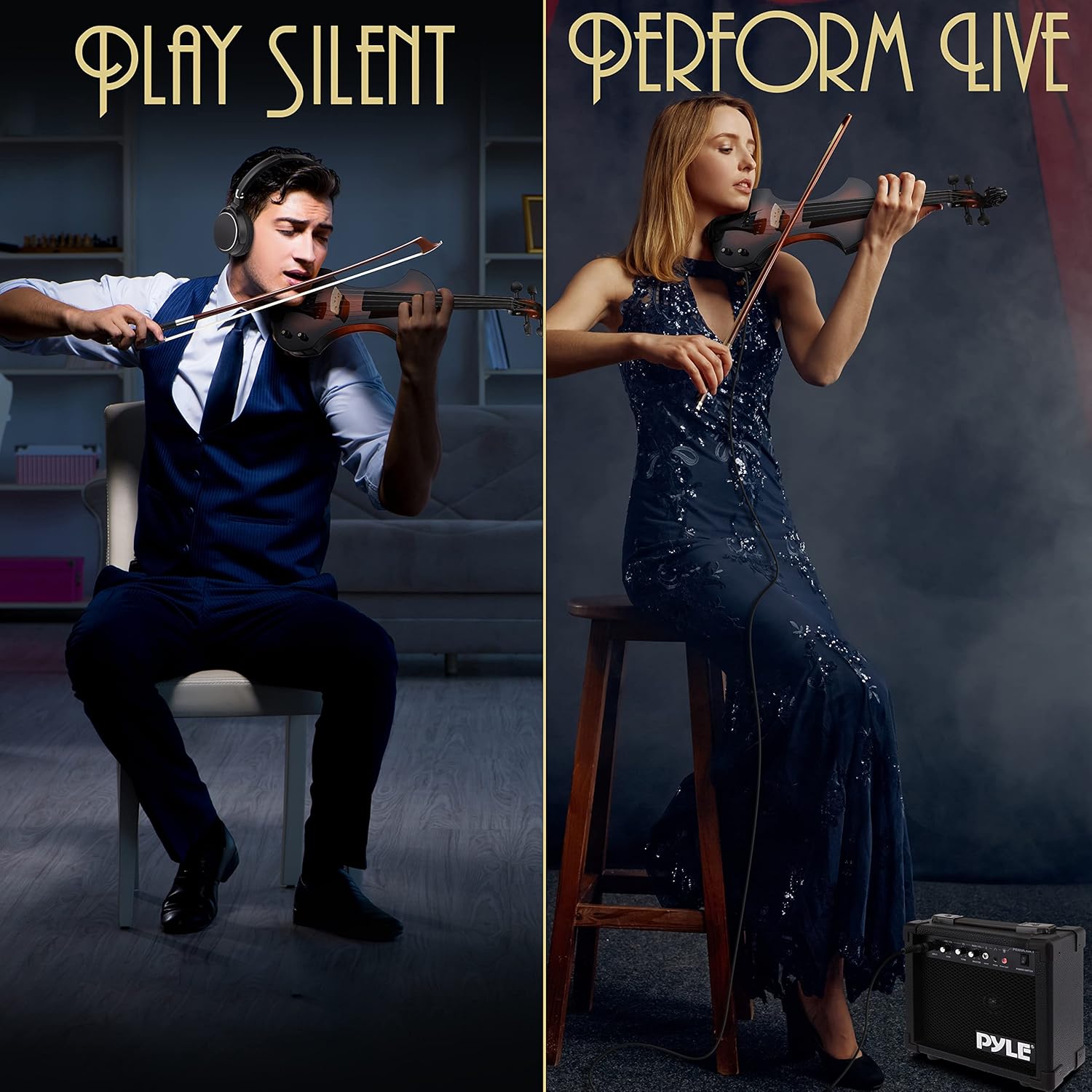 Pyle Full Size Electric Violin, 4/4 Solid Wood Silent Fiddle, with Amplifier Kit, Hard Case, Bow, Ebony Fittings, Digital Tuner, Extra Strings, Rosin