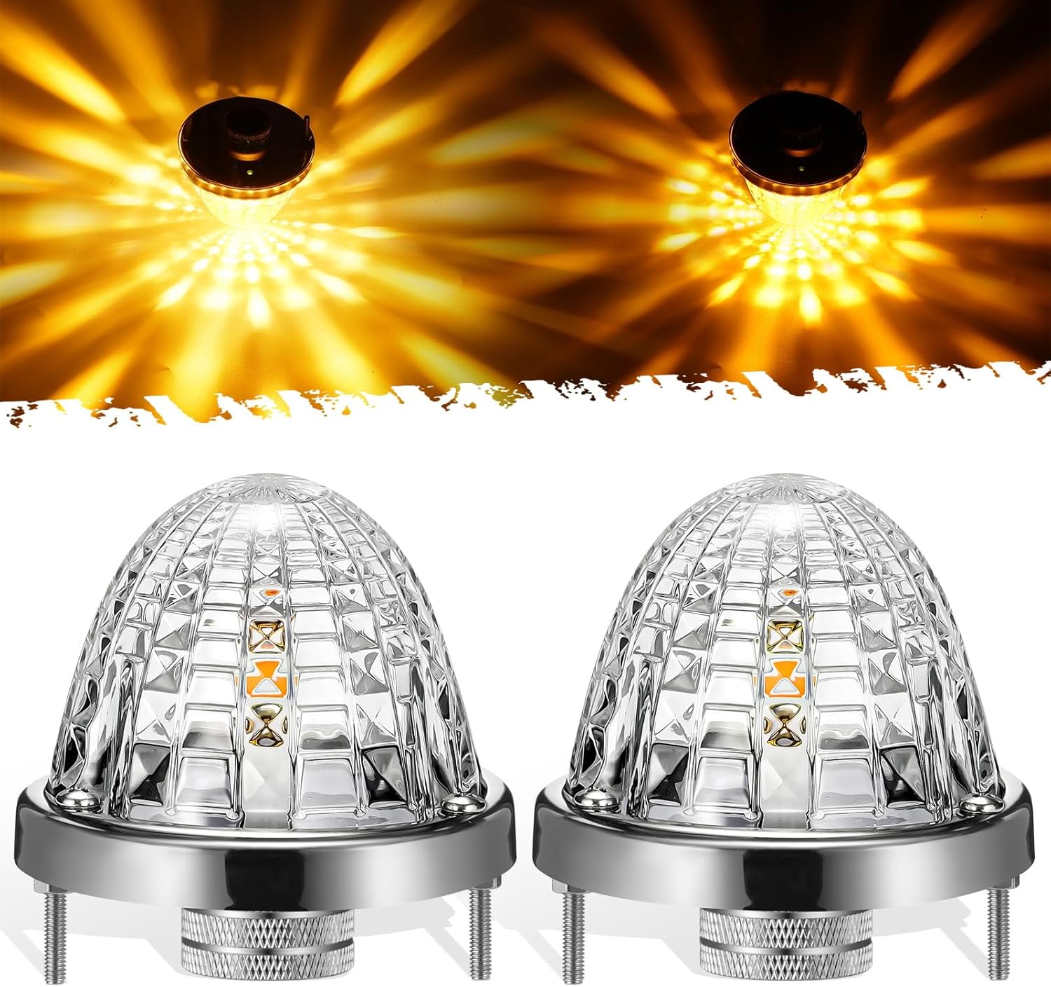 Partsam 2Pcs Glass Watermelon Lights Trapezoid-Shaped Lens Amber LED Side Marker Turn Signal Lamp with Stainless Steel Bezel Replacement for Peterbilt Freightliner Truck Trailer RV Bumper Under Glow