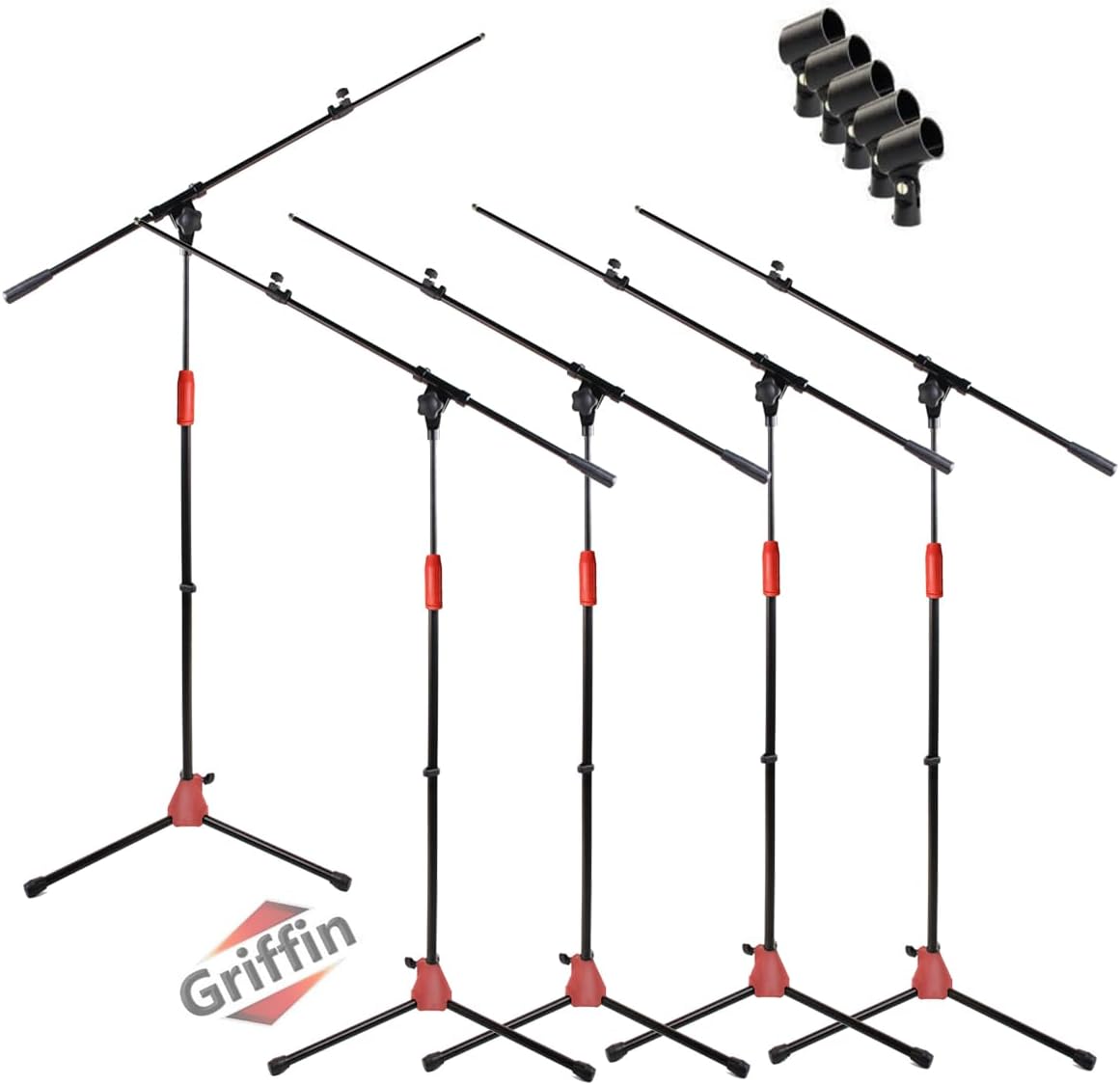 GRIFFIN 5 Pack Mic Boom Stands with Telescoping Arms & Microphone Clips (StageLOCK Series) – Adjustable Tripod Mounts for Studio, DJ, Karaoke Use