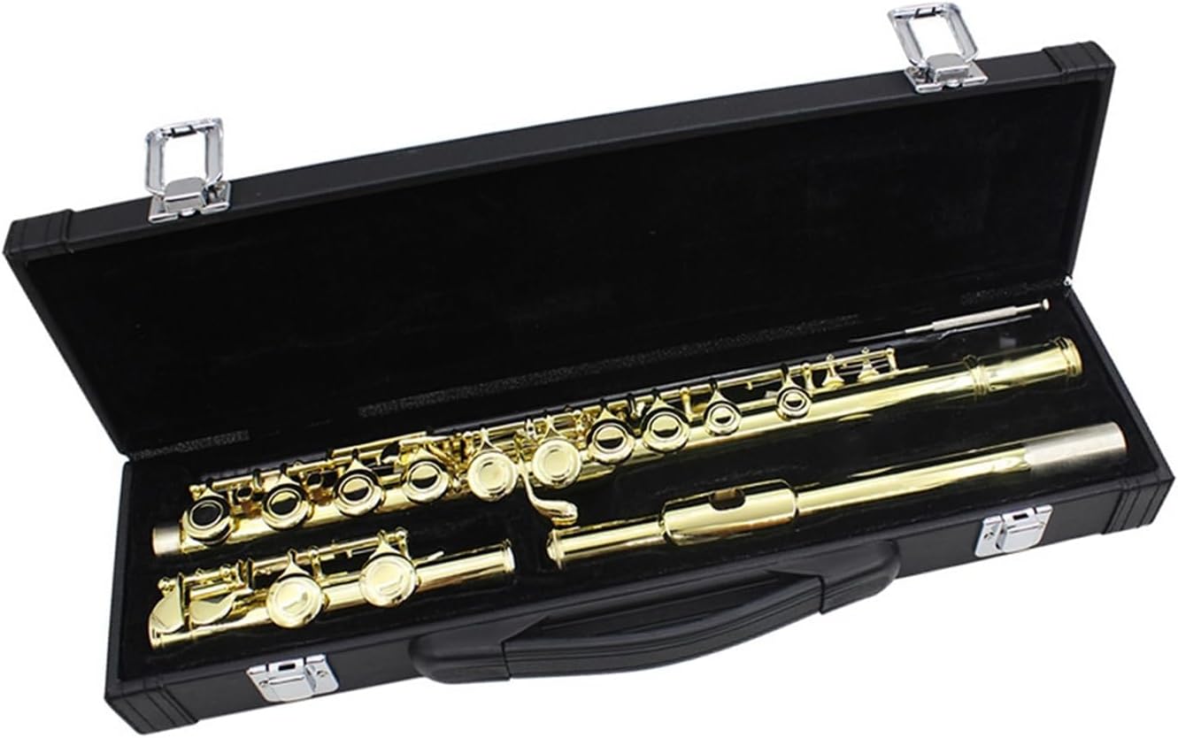 Flute Golden 16 Holes C Tone Flute with E Key Woodwind Instrument Closed Hole Gold-Plated Keys Cupronickel Tube Flutes Musical Instruments