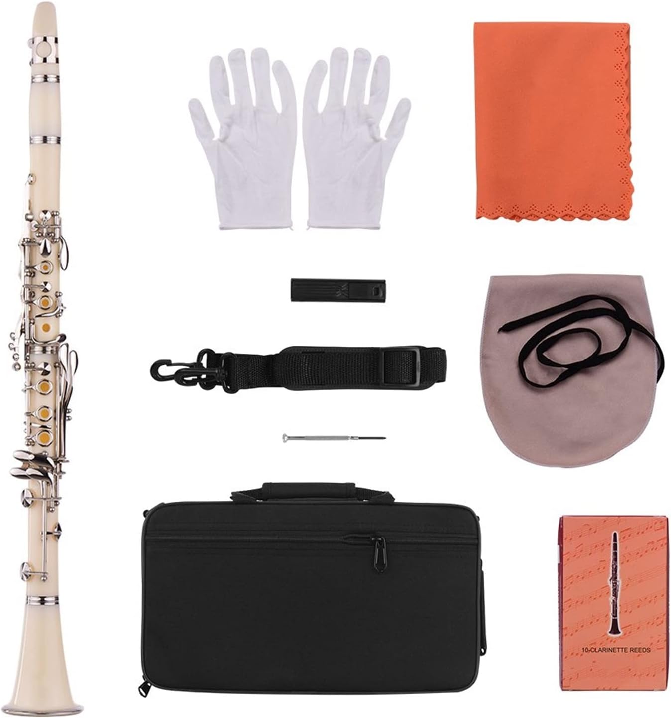 Bb Flat 17-Key Clarinet with Carry Case Gloves Cloth Mini Screwdriver Reed Case 10pcs Reeds Woodwind Instrument Flute Student Clarinet (Color : White)