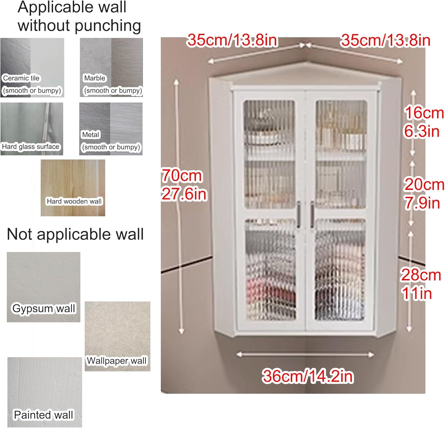 Small corner medicine cabinet, Bathroom Cabinet Wall Mount with Glass Doors, Bathroom Wall Cabinet Over The Toilet, Compact Hanging Cabinet for Bathroom Kitchen Laundry Room dormitories(Transparent,35