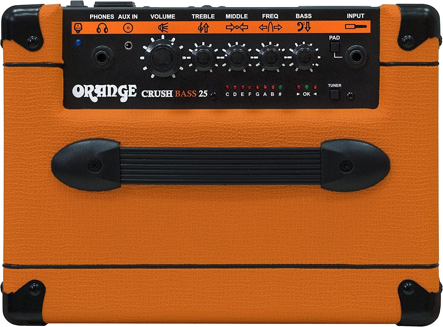 Orange Crush Bass 25 Guitar Combo Amp Bundle with 10ft Orange Woven Instrument Cable and Liquid Audio Polishing Cloth 1x8” 25 Watts, 3 Band EQ & Integrated Chromatic Tuner