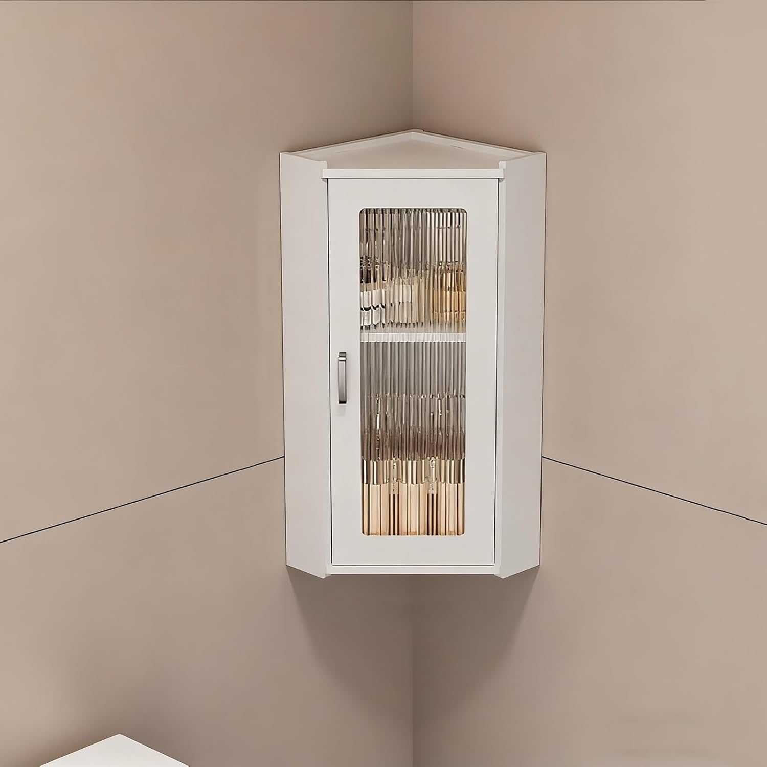 2/3 Tier Corner Spice Rack for Kitchen,Small Corner Medicine Cabinet with Glass Door,Wall-Mounted Makeup Organizer，Wall Mount Bathroom Cabinets(White-A,25x25x59cm/9.8x9.8x23.2in)