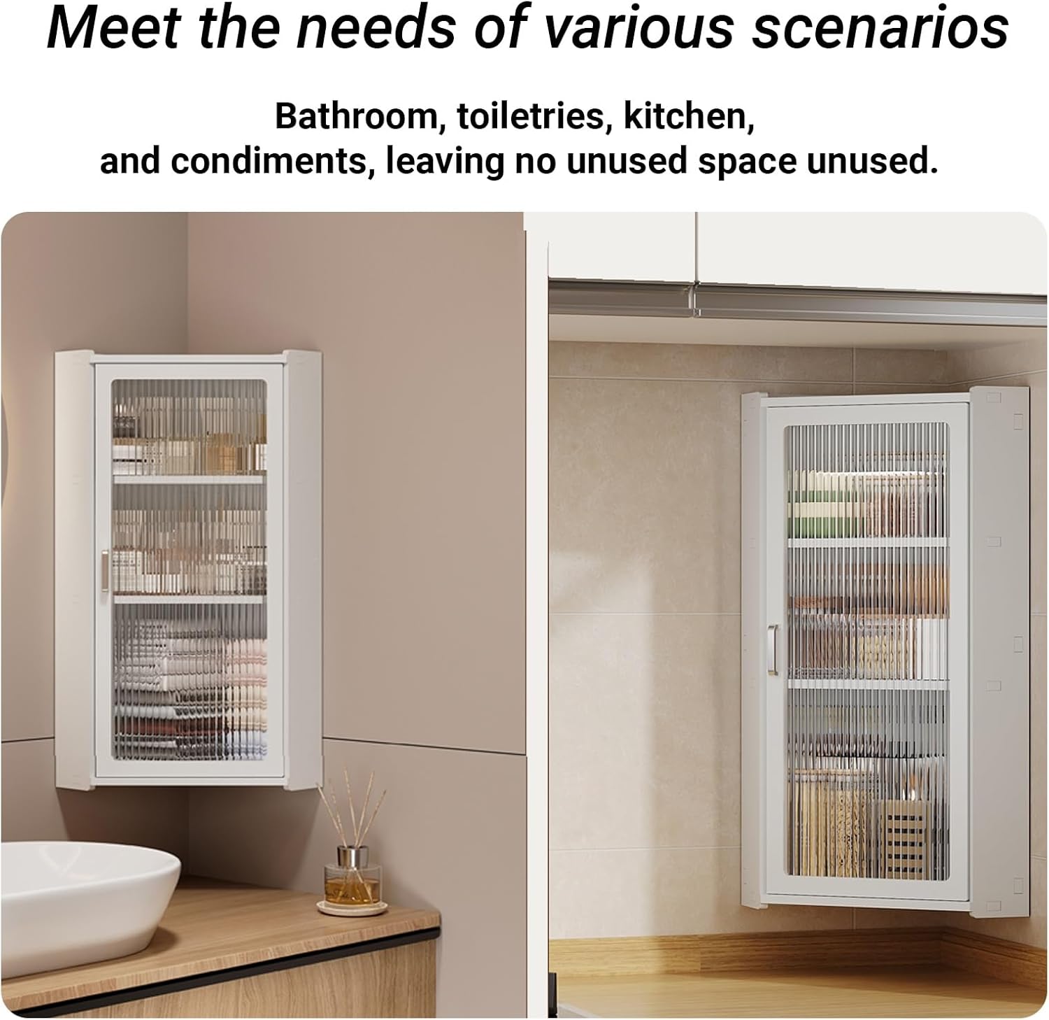 2/3 Tier Corner Spice Rack for Kitchen,Small Corner Medicine Cabinet with Glass Door,Wall-Mounted Makeup Organizer，Wall Mount Bathroom Cabinets(White-A,25x25x59cm/9.8x9.8x23.2in)