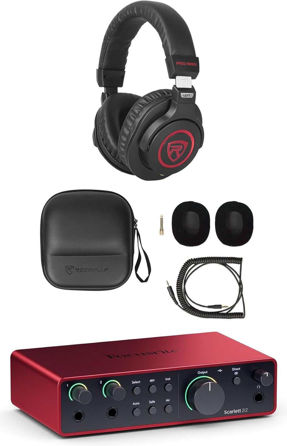 Audiosavings Bundle: Rockville PRO-M50 SR Studio Headphones+Detachable Coil Cable+Case+Extra Ear Pad Bundle with Focusrite Scarlett 2i2 4th Gen Studio Recording USB Audio Interface+Software (2 Items)