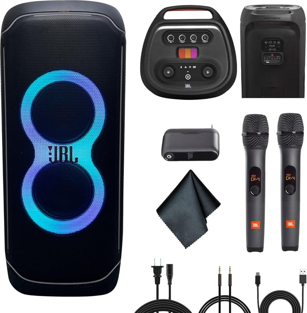 JBL PartyBox Ultimate 1100W Portable Speaker - Wi-fi & Bluetooth Connectivity Splashproof, Powerful Sound and Light Show (JBLPARTYBOXULTAM) + Wireless Two Microphone System with Receiver + More