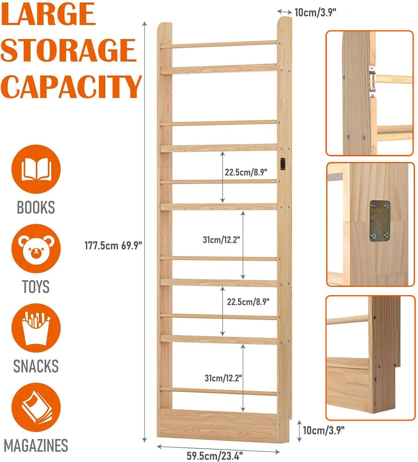 Behind The Door Bookshelf, Wooden Kids Bookshelf 6-Tier Organizer for Books and Toy Storage Wall Mount for Adult Space-Saving Book Shelf in Bedroom, Living Room, Playroom Wood