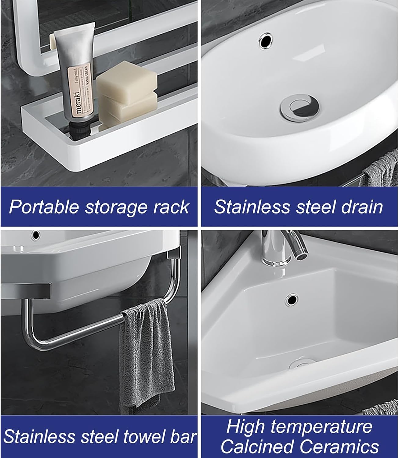 Wall Mount Corner Sink, Pure White Porcelain Ceramic Vessel Sink, Small Vanity Sink Lavatory Wash Hand Basin, with Faucet Drain Towel Bar, for Restaurant, Bar, Cafe, Salon & Spa ( Size : 42*42cm/16.5*