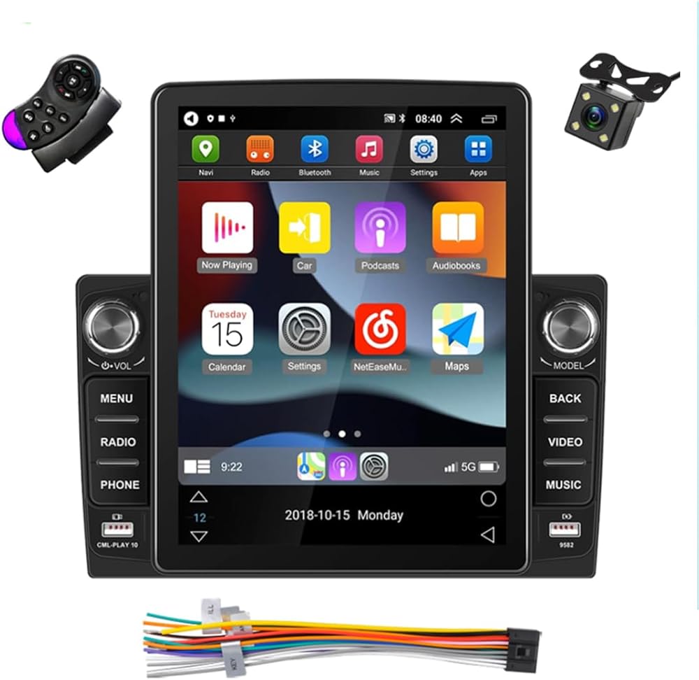 2Din Car Stereo Wired Carplay & Android Auto 9.5-inch Touch Screen Smart Voice Mirror Link Car Radio Bluetooth/FM/USB+SWC+4LED Cam