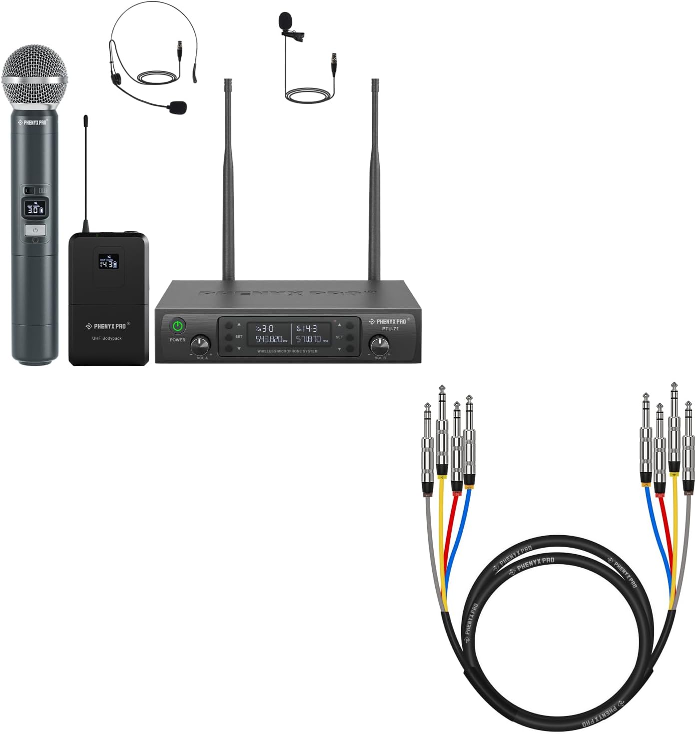 Phenyx Pro Wireless Microphone System PTU-71-1H1B Bundle with 4-Channel TRS Snake Cable PCBL-QR4IN1-6