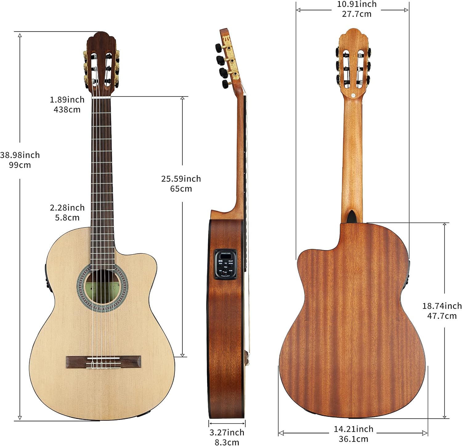 TARIO 39 Inch Electric cutaway Classical Guitar Full Size Acoustic Guitar Thin body Spruce top Mahogany back and sides Okoume neck laurel fingerboard