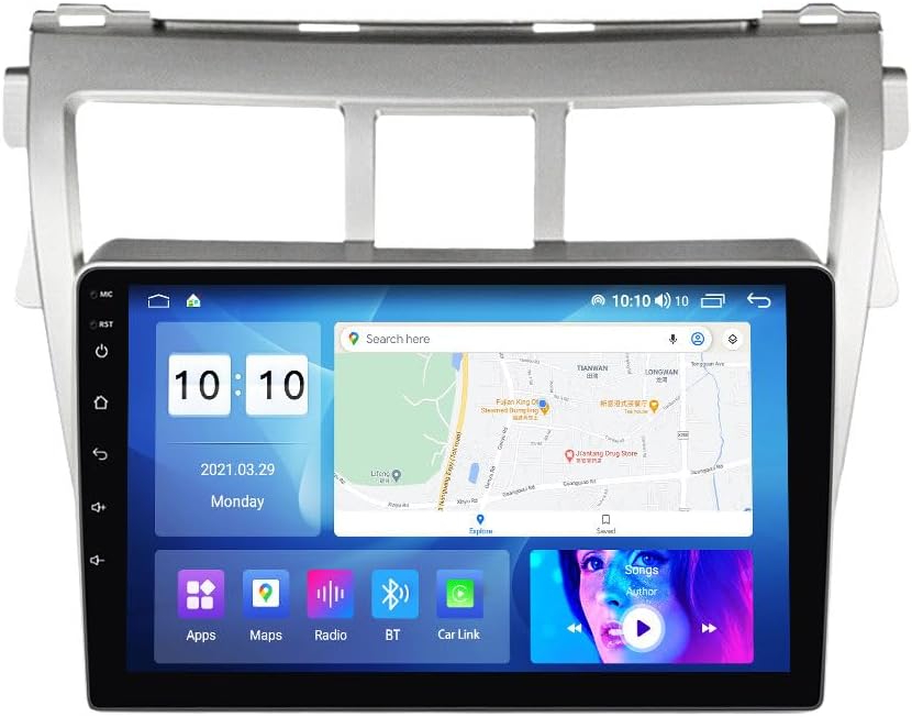 Android Car Stereo for Toyota Vios 2007-2012,9 inch IPS Touchscreen with Upgrade Wireless CarPlay & Android Auto,WiFi/GPS,Support SWC and Subwoofer,4-Core 2G+32G