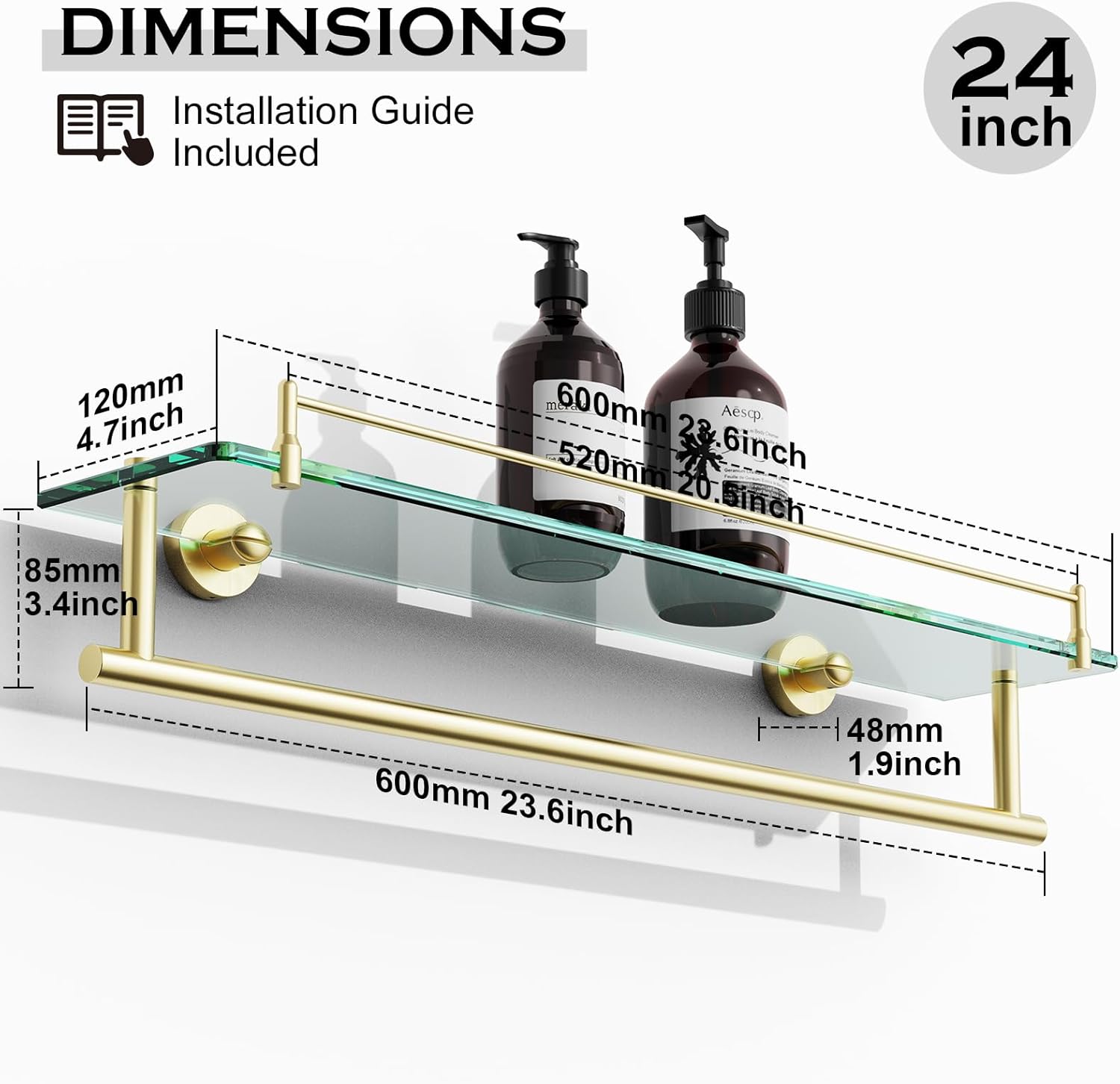 Glass Shelf for Bathroom 2 Pack,24-Inches Floating Glass Shelves Towel Bar/Track(Brushed Gold)