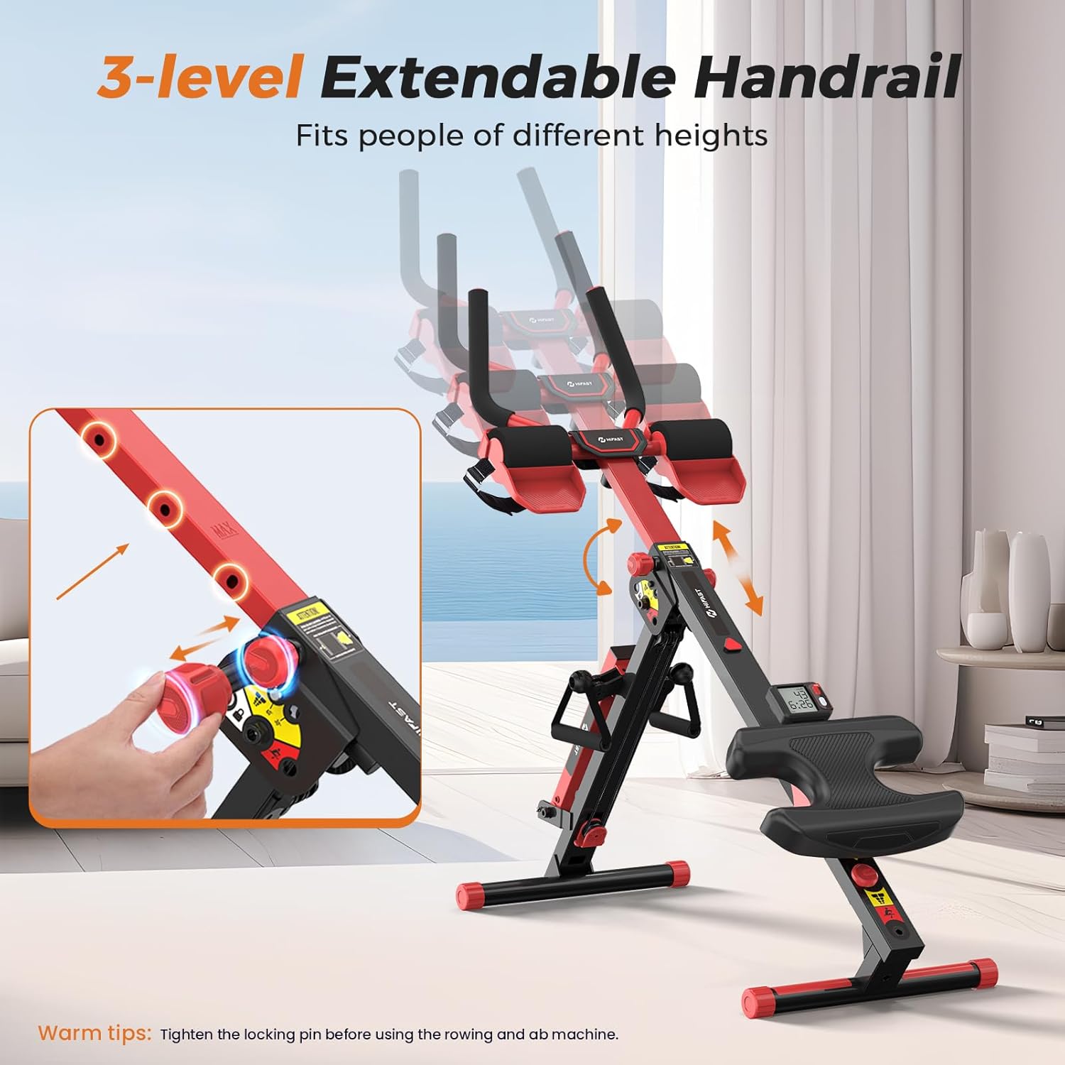 Rowing Machines for Home, 4 in 1 Rowing and Ab Machine with 2 Levels of Workout Resistance, Quiet & Foldable Row Machine with 3 Adjustable Handle Heights & LCD Monitor, Rower Machine for Home