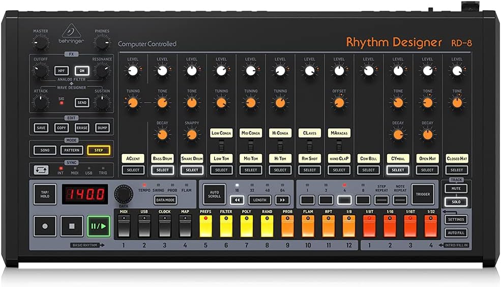 Behringer RHYTHM DESIGNER RD-8 Classic Analog Drum Machine with 16 Drum Sounds, 64 Step Sequencer, Wave Designer and Dual-Mode Filter