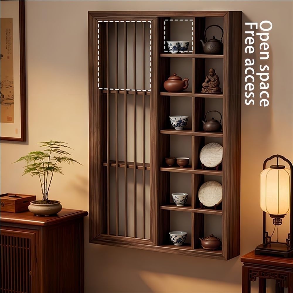 Tea Cup Holder Display Stand, Wall Mounted Cups Holders with Door, Wood Teaware Displays Shelf for Living Room, Tea Room, Office(35.43 * 23.62in)