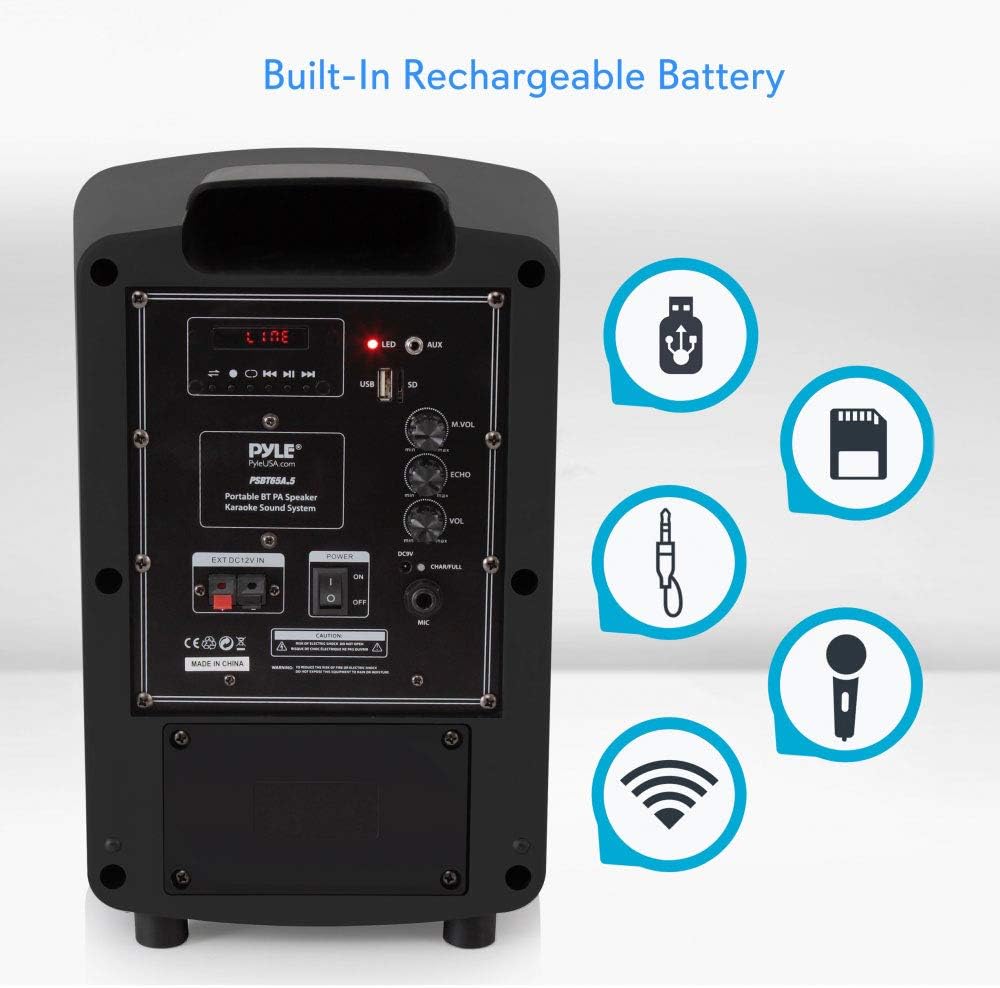 Pyle Portable Bluetooth PA Speaker System - Indoor Outdoor Karaoke Sound System w/Wireless Mic, Audio Recording, Rechargeable Battery, USB/SD Reader, Stand Mount, for Party, Crowd Control - Pyle