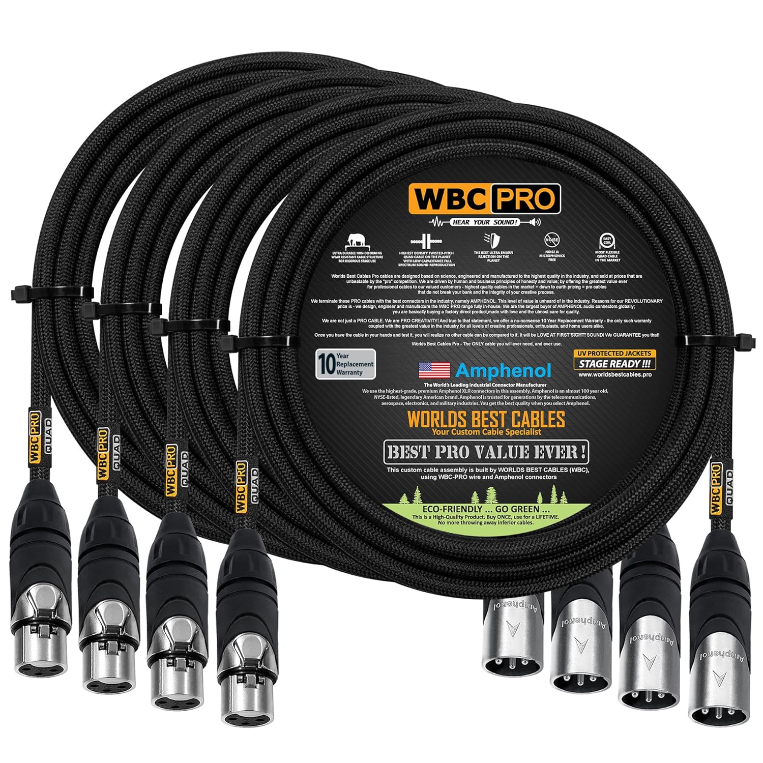 4 Units - 15 Foot - WBC-PRO-Quad Ultra-Silent Ultra-Flexible Balanced Star-Quad Cable with Amphenol Male & Female XLR Plugs & Black Tweed Jacket