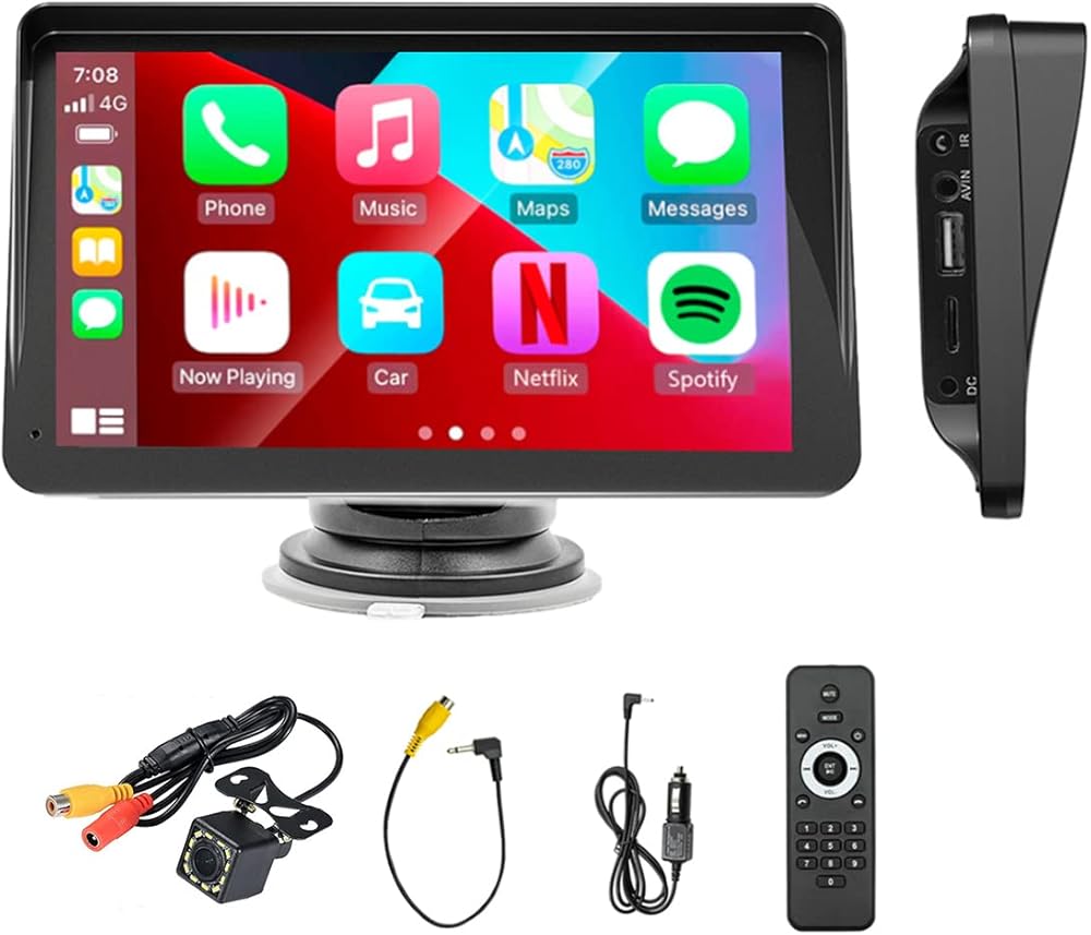 Wireless Carplay & Android Auto Portable Screen 7Inch Car Stereo Receiver Bluetooth5.0 Mirror Link FM/TF/USB IR Power Plug 12-36V Built-in Speaker Adjustable Stereo Audio