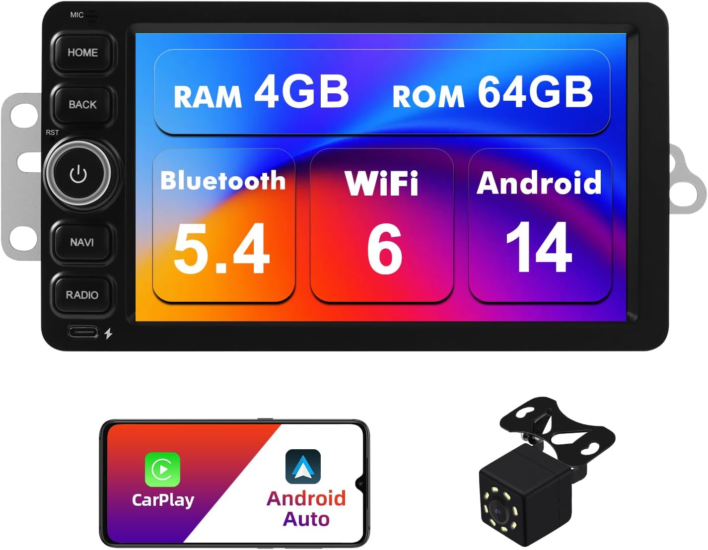 4+64G Android 14 Double Din Car Stereo for Chevrolet Silverado Impala Tahoe GMC Sierra Yukon Hummer H2 with 7 Inch IPS Touchscreen Radio Built-in Wireless Carplay/Android Auto/Bluetooth/FM/AUX/SWC