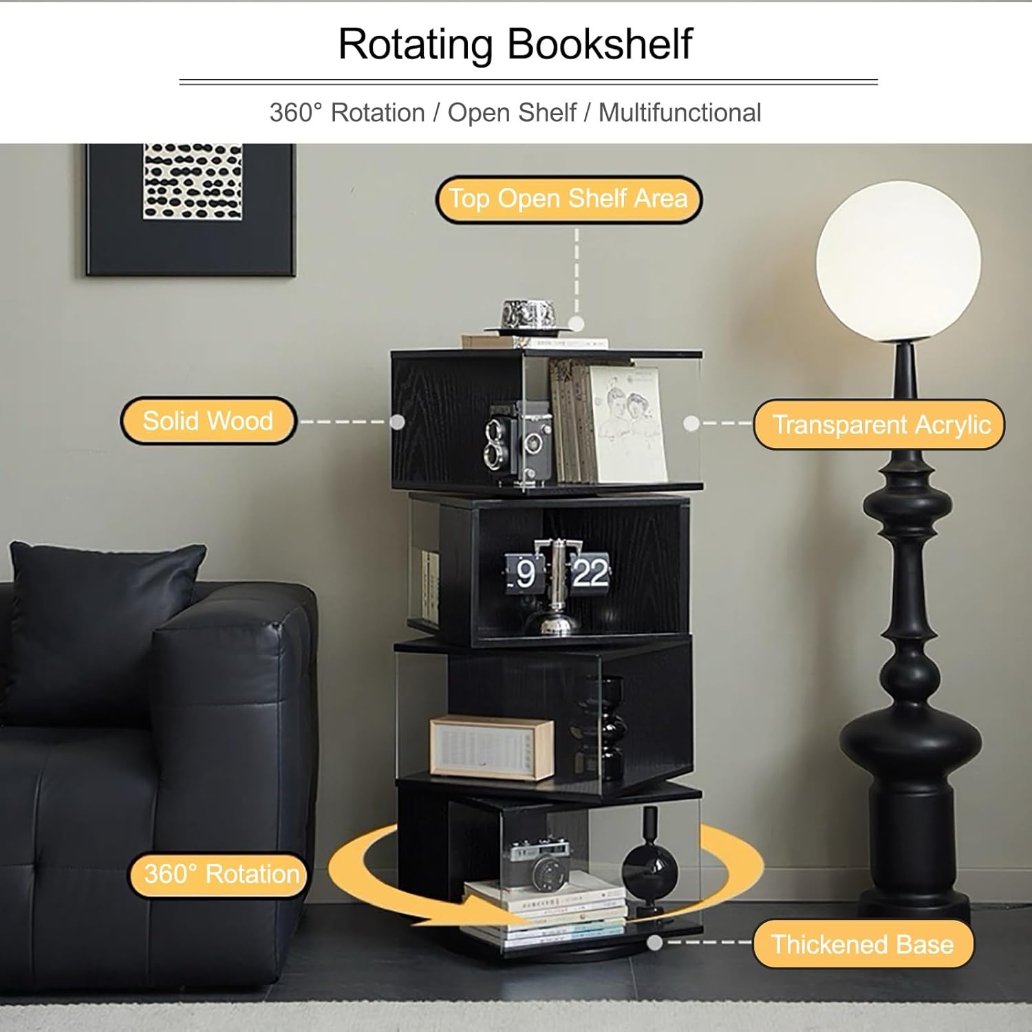 Rotating Bookshelf 360 Display Spinning Bookcase Storage Rack, Modern Display Book Shelf with Side Panels and Solid Wood Frame(Yellow,79.5cm/31.3in)