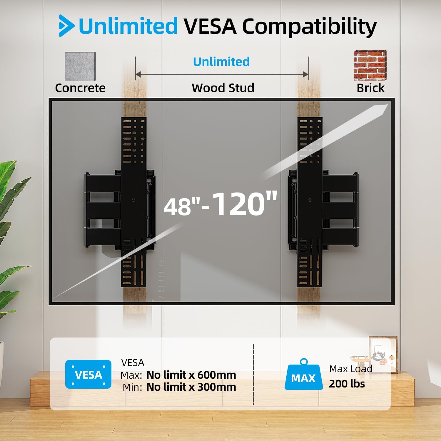 Full Motion TV Mount for 48-120 inch TVs up to 200Lbs, Slim Sturdy & Smooth Extension, Tilt and Swivel TV Wall Mount for Large TVs, Corner Wall Mount tv Bracket, Unlimited Wood Stud and VESA