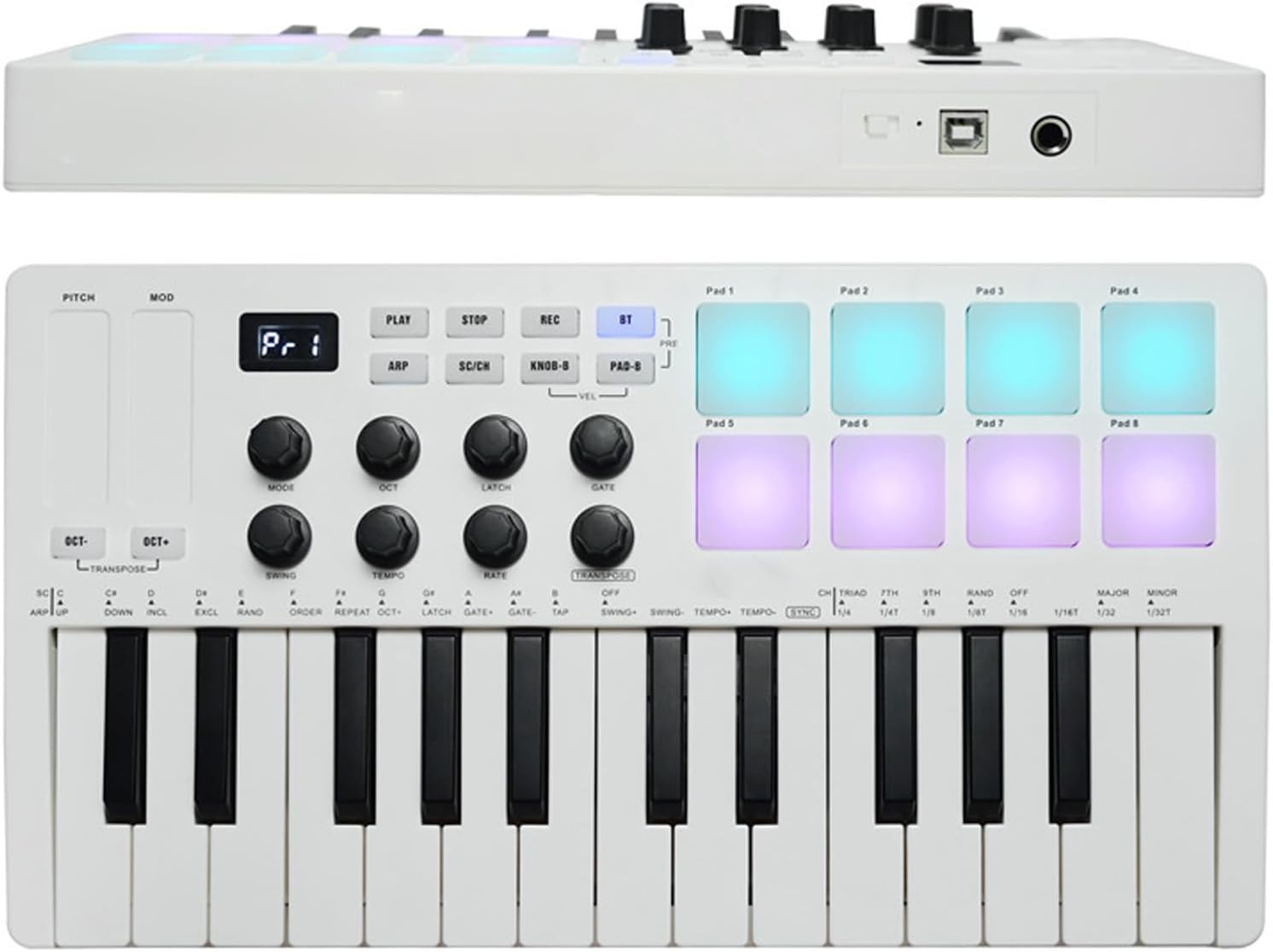 USB MIDI Keyboard Controller, MIDI Keyboard with 8 Beat Pads, 8 Backlit Drum Pads, 8 Assignable Knobs and Music Production Software [ BT Wired Connection ]